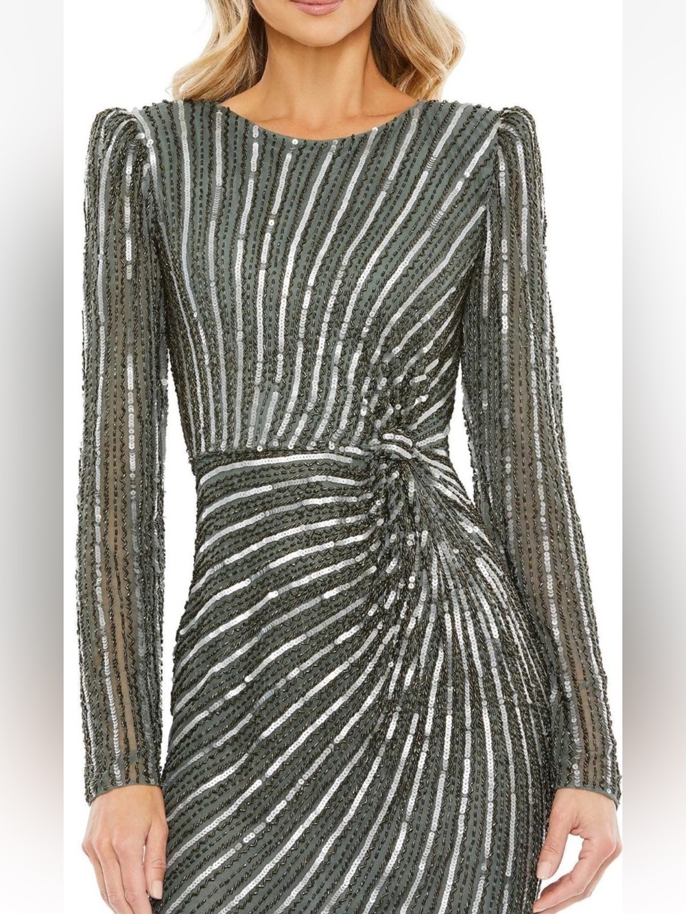 Mac Duggal Olive Green Long Sleeve Sequin Gown - Picture 4 of 16
